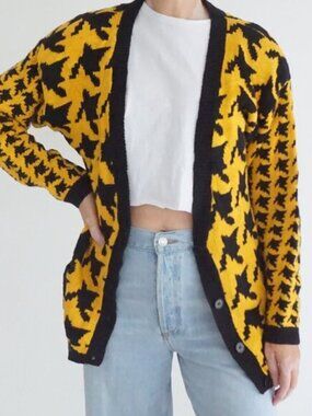 Vintage Weathervane Yellow Black Houndstooth Button Front Knit Cardigan M